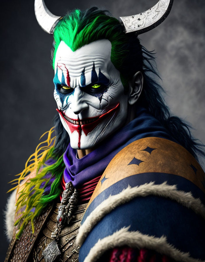 Viking-inspired Joker with horned helmet and green hair