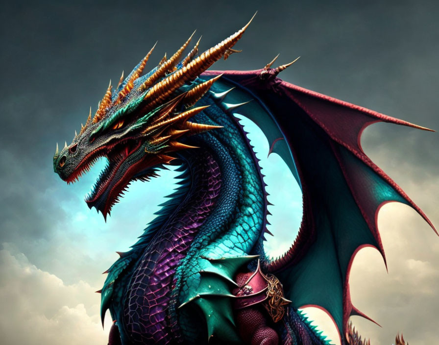 Majestic Dragon with Blue and Purple Scales and Red Wings under Stormy Sky