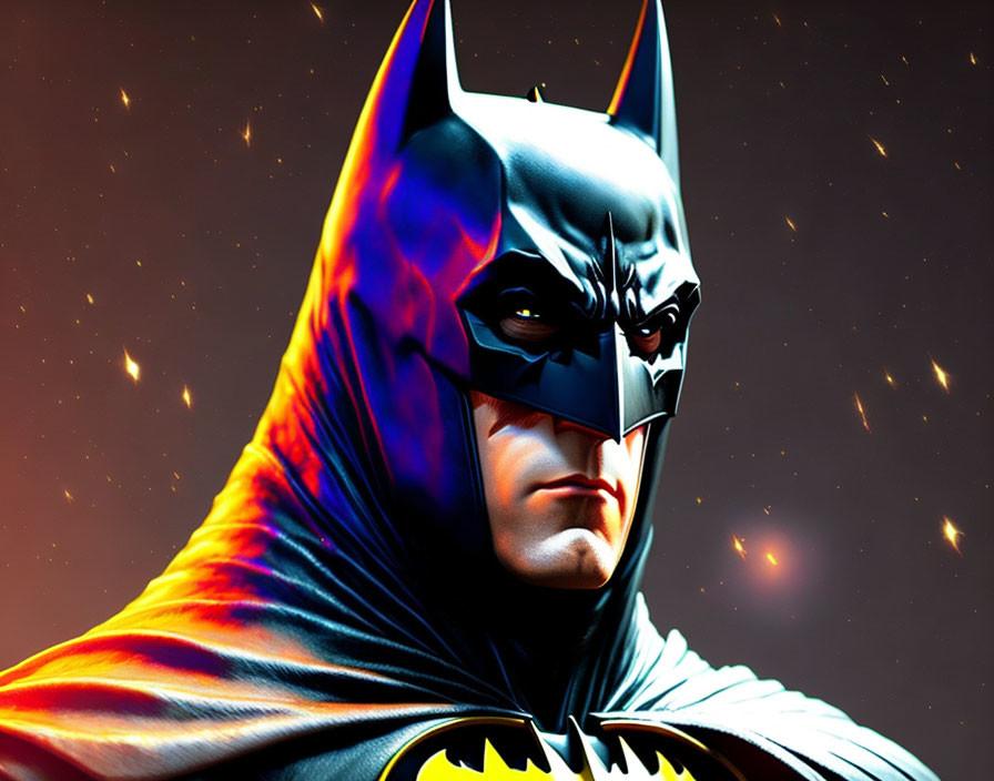 Brooding Batman in iconic costume on fiery orange backdrop