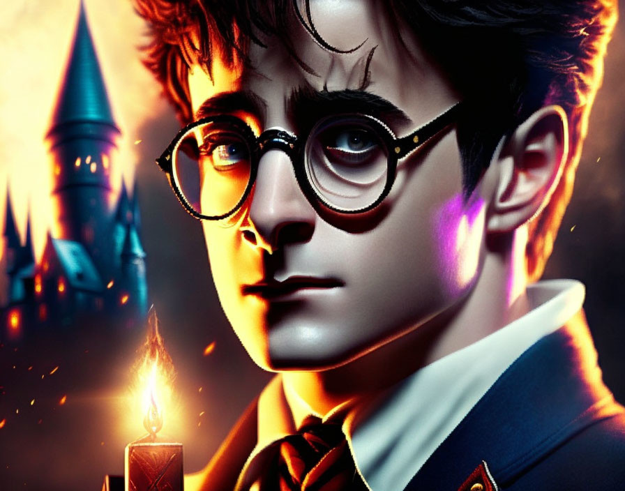 Young wizard with glasses, scar, castle, and candle in artwork