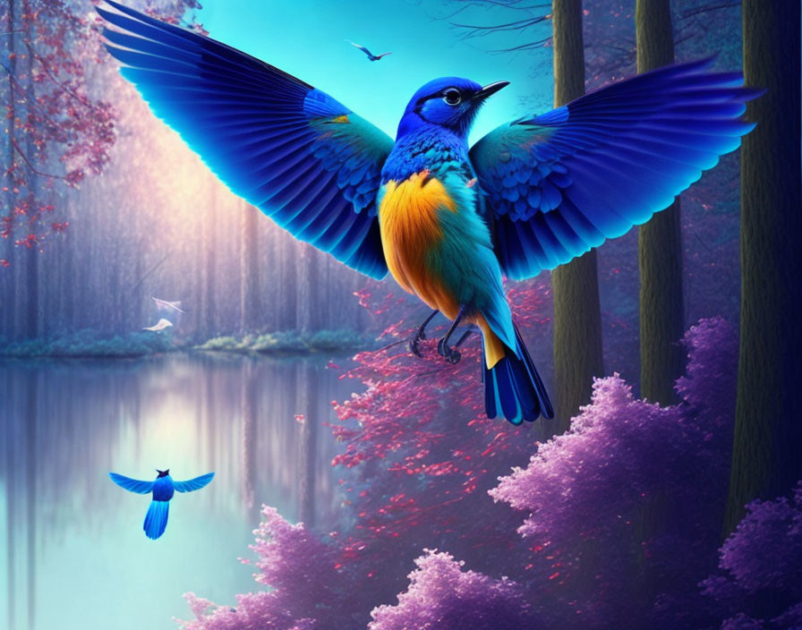 Colorful Bird Flying Over Mystical Forest with Purple Foliage