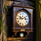 Intricately Carved Wooden Cuckoo Clock in Mystical Forest Setting