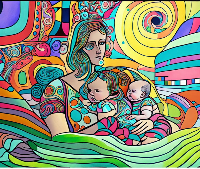 Colorful Abstract Painting of Woman and Child with Swirling Patterns