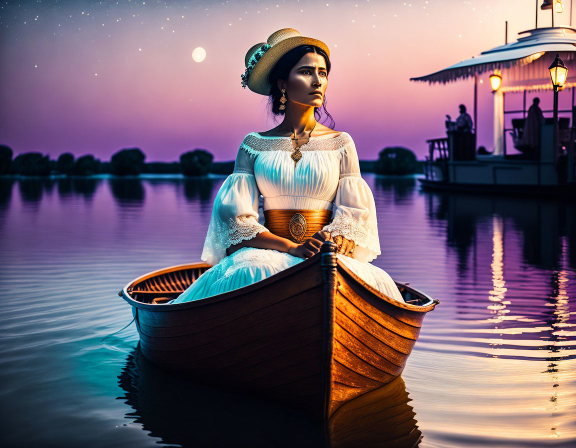 Vintage-dressed woman in boat at dusk with serene water backdrop.