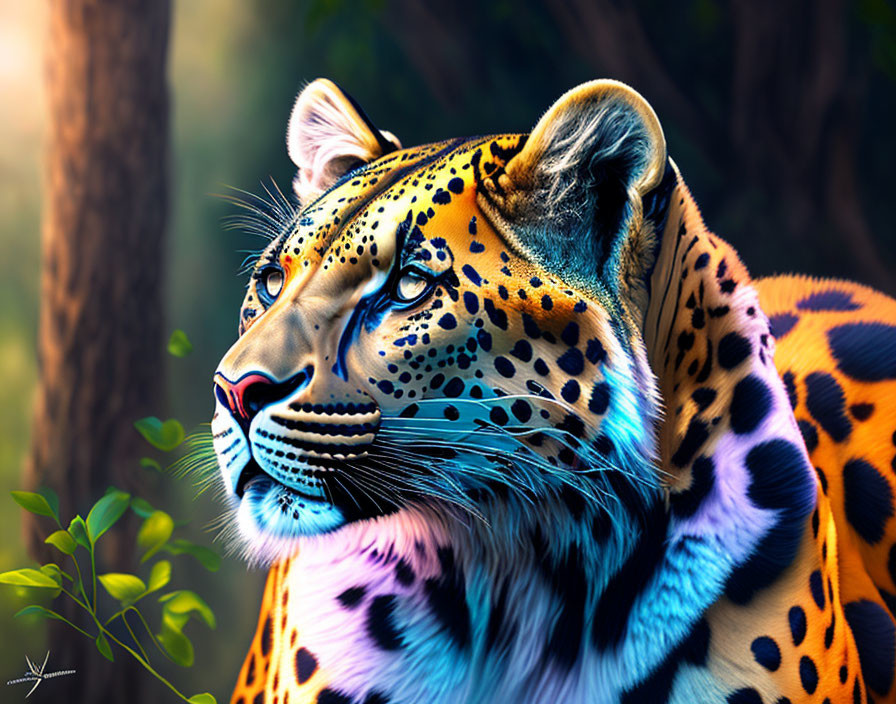 Colorful Leopard Illustration with Blue Eyes in Fantasy Forest Setting