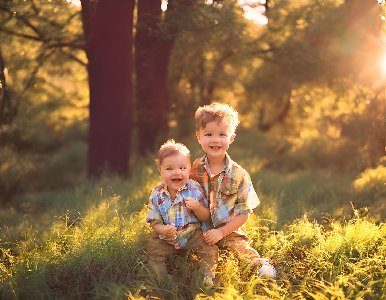 Young siblings embrace in sunlit forest setting