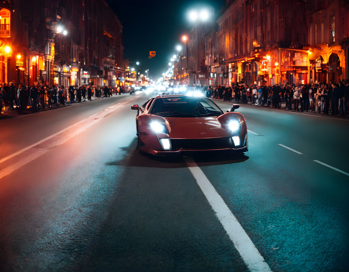 Red sports car driving through city street at night with illuminated buildings and crowd.