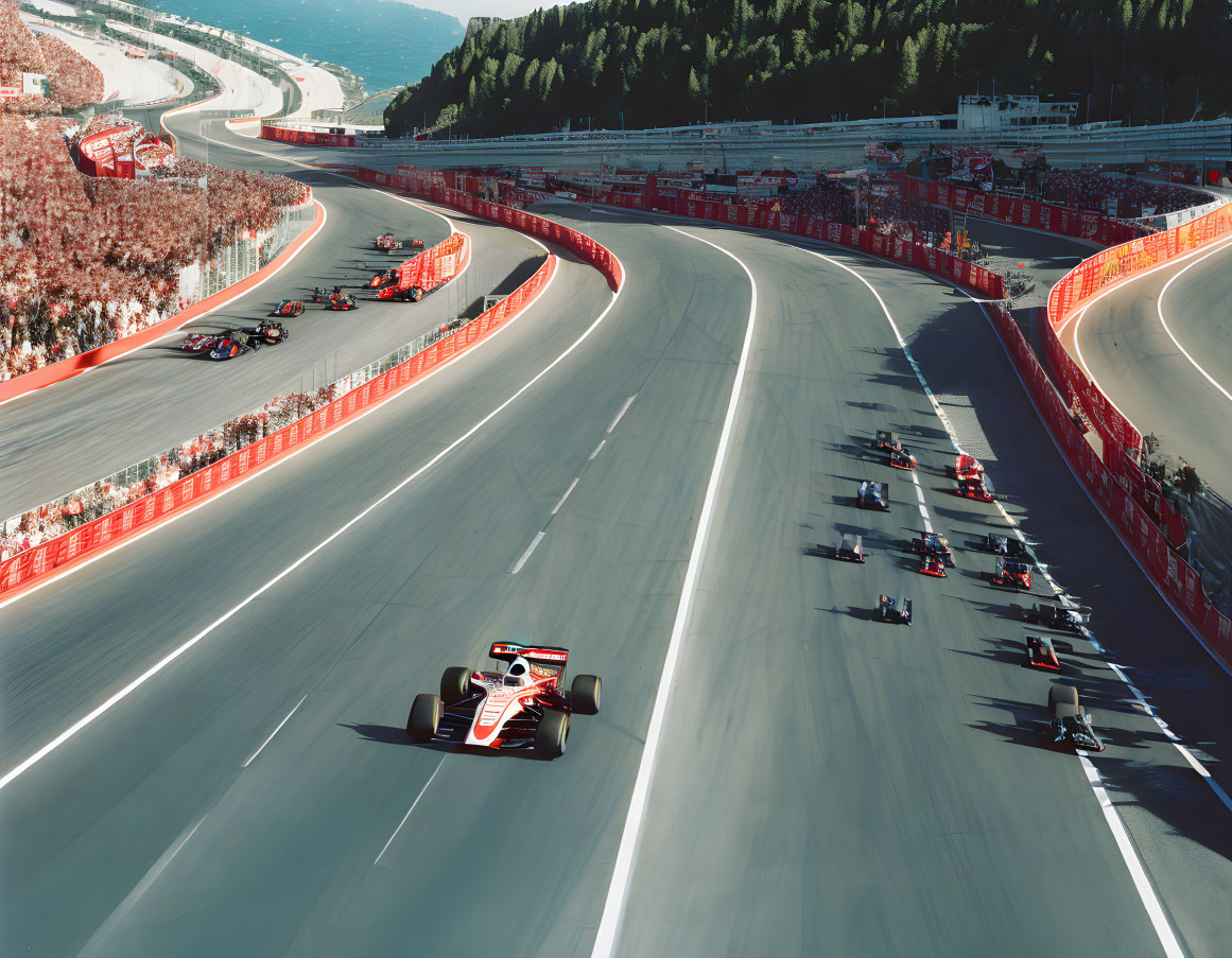 Formula One cars racing on circuit with leading car ahead of pack, surrounded by filled grandstands.