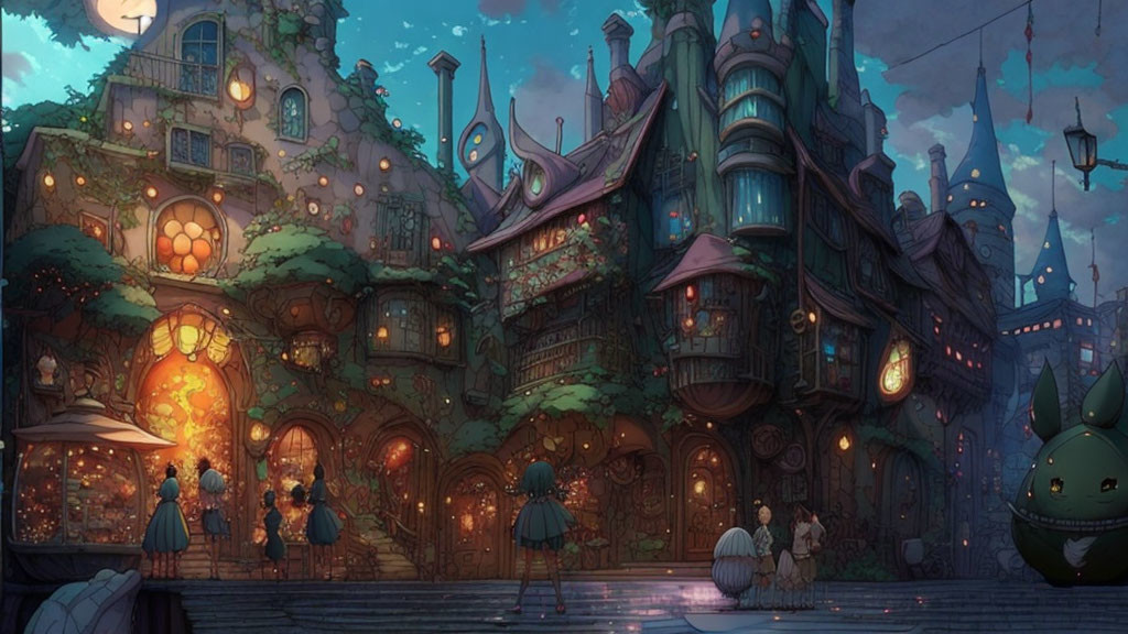 Enchanting cobblestone street with cozy buildings and anime characters