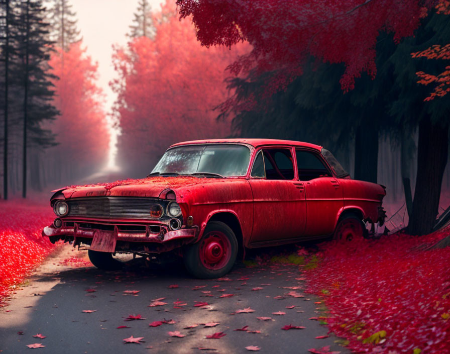 Abandoned vintage red car in misty forest with fallen leaves