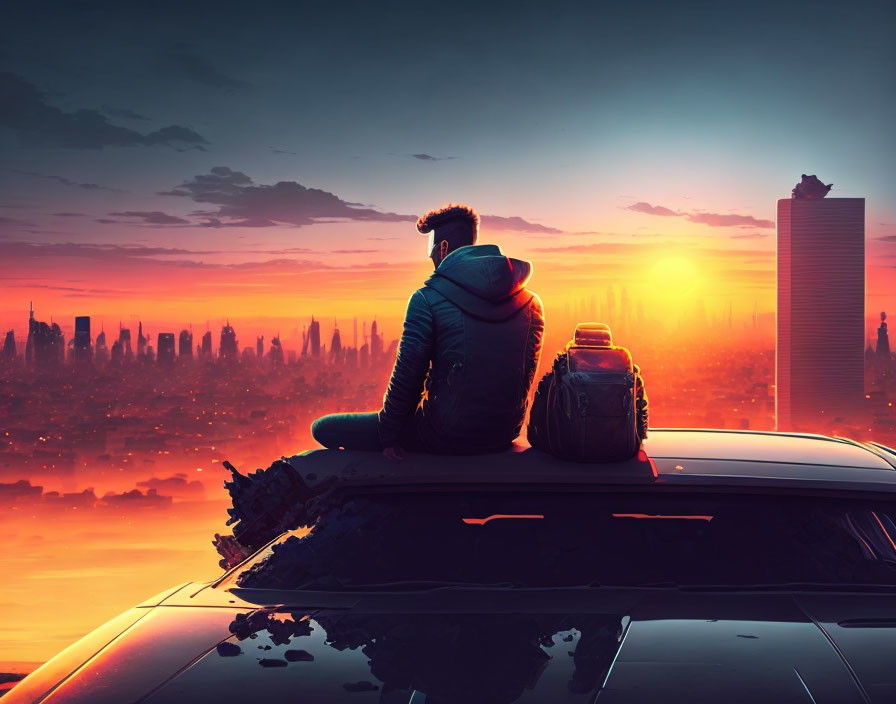 Person sitting on car roof at sunset with hazy city skyline and warm skies