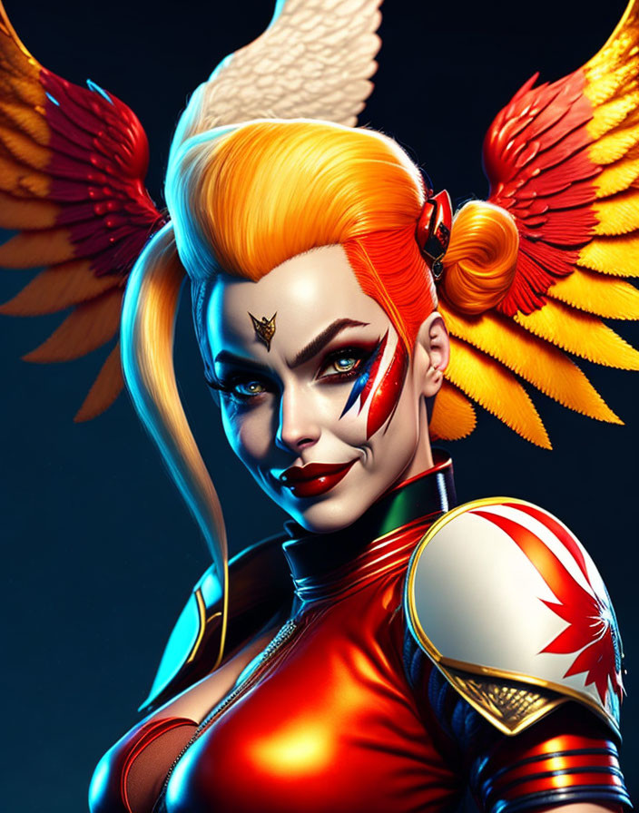 Digital portrait of woman with wings in red and gold superhero costume