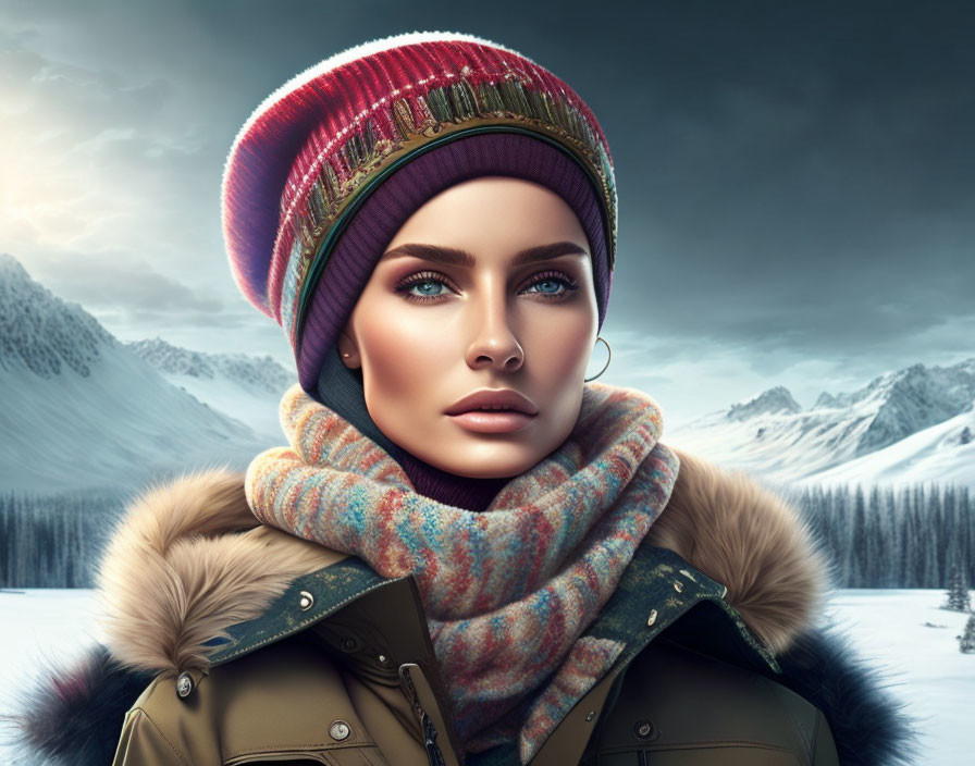 Digital artwork: Woman in winter attire on snowy mountain