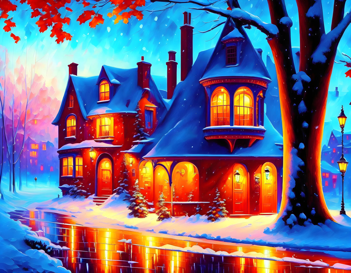 Snow-covered house in winter scene with glowing windows and streetlamps