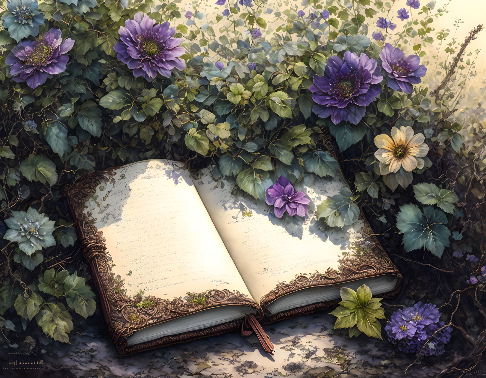 Blank pages open book amidst vibrant purple and white flowers