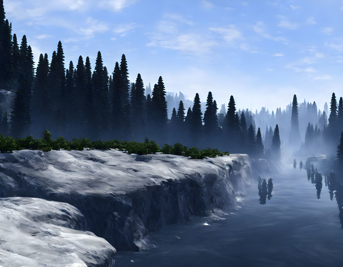 Tranquil River Landscape with Steep Cliffs & Evergreen Forests