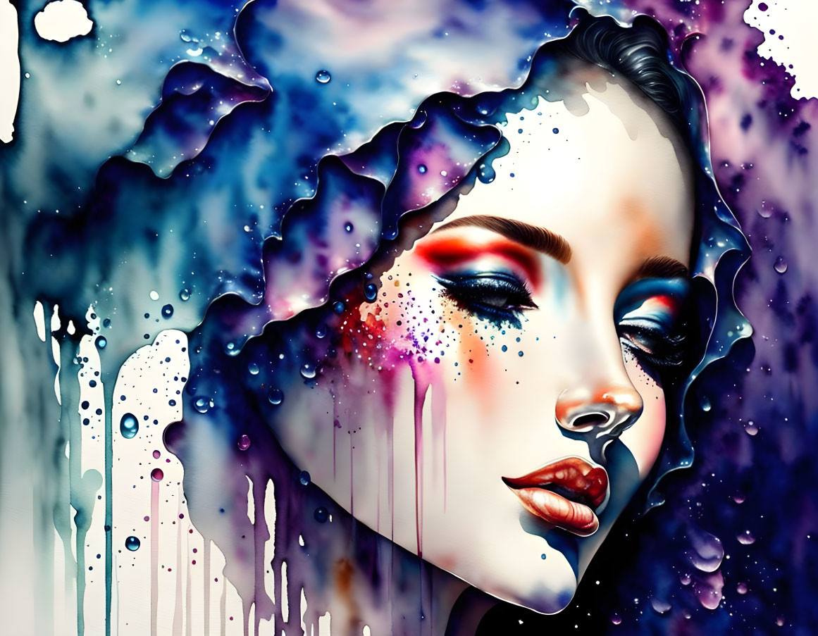 Vibrant watercolor woman's face with expressive makeup