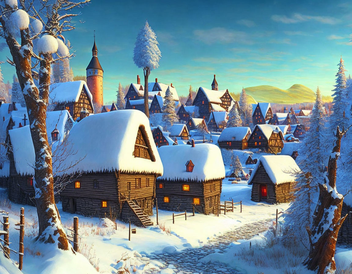 Snow-covered Winter Village with Castle Tower in Serene Landscape