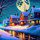 Winter scene: Snow-covered houses beside frozen river under full moon