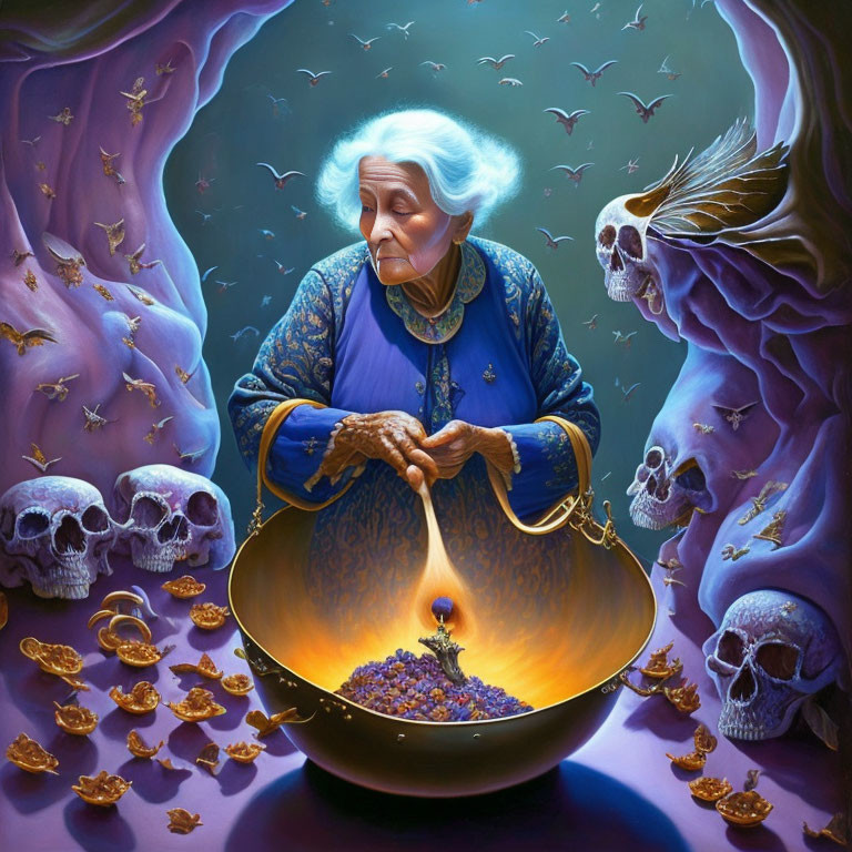 Elderly Woman with Bright Flame and Symbolic Imagery of Skulls and Owls