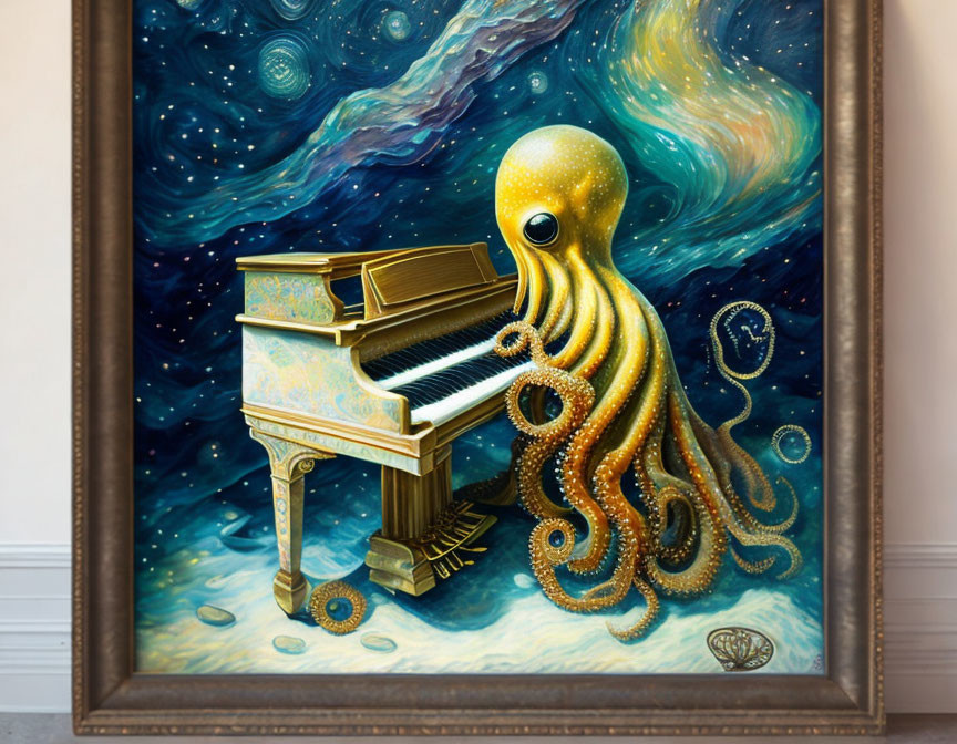 Detailed Octopus Playing Grand Piano Underwater in Surreal Painting