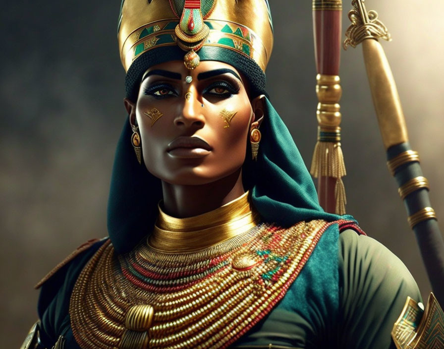 Digital artwork of a woman as Egyptian pharaoh with traditional regal attire.