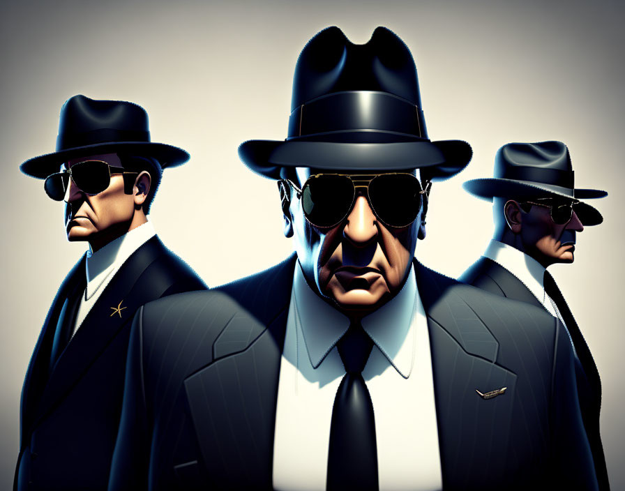 Stylized men in suits and fedora hats with sunglasses portraying authority.