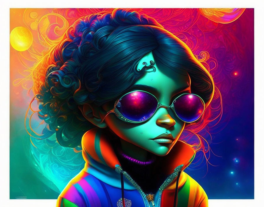 Colorful digital artwork: Stylized girl in large sunglasses amidst cosmic backdrop.