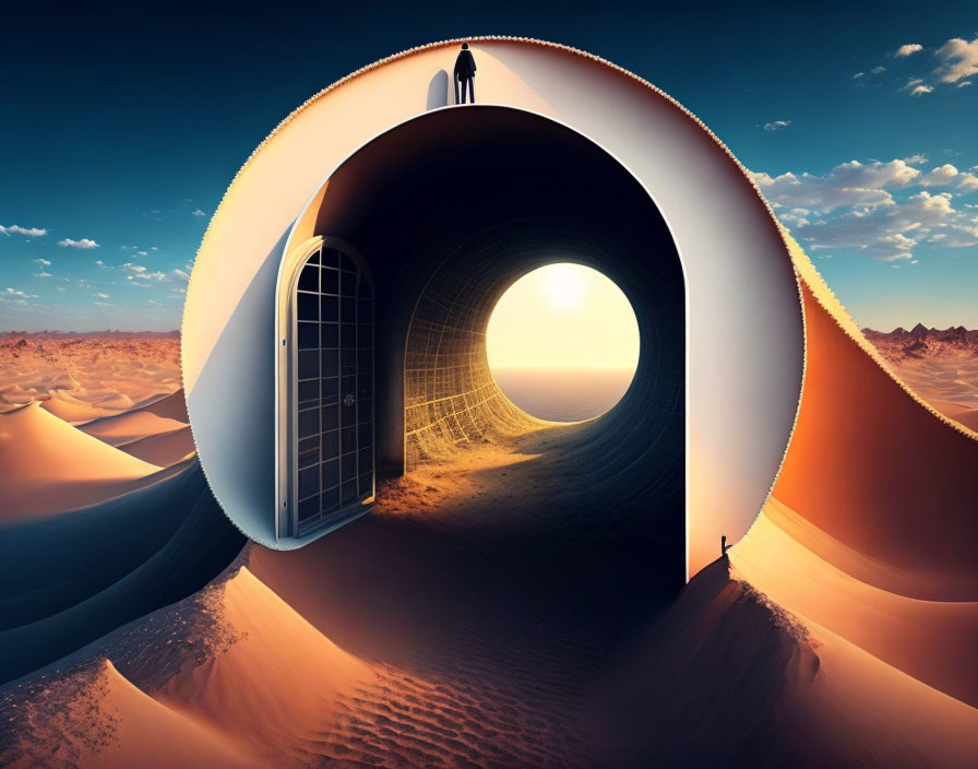 Surreal desert landscape with massive spherical structure and silhouetted figure.