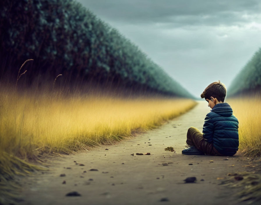 Young boy in rural setting under dramatic sky