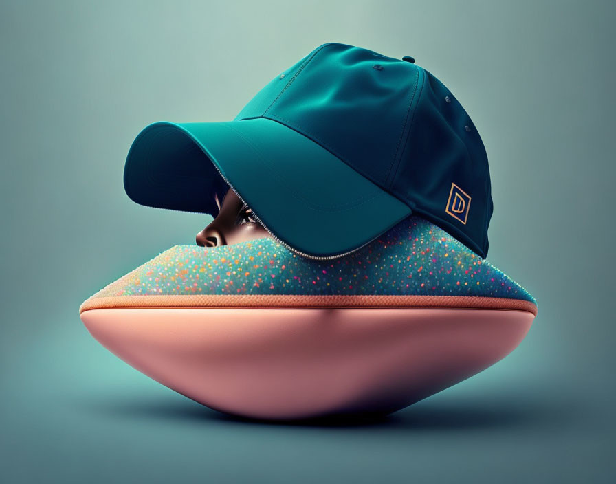 Person merged with cushion in surreal blue cap image