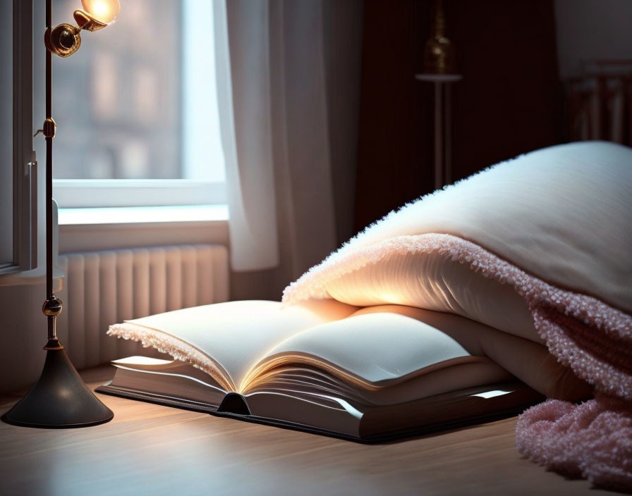 Cozy reading nook with open book, lamp, pillow, and blanket