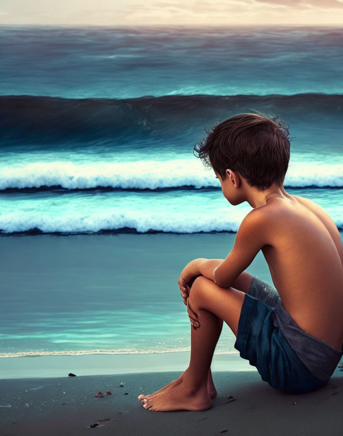 Boy on sandy beach gazes at sea with gentle waves and dusk sky.