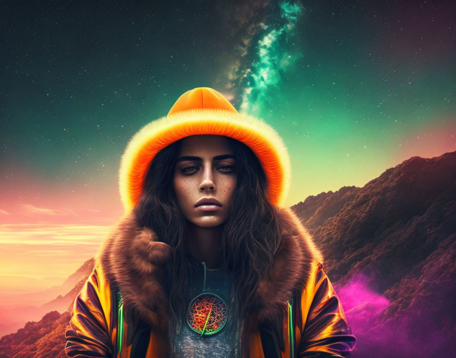 Contemplative woman in colorful attire under cosmic sky