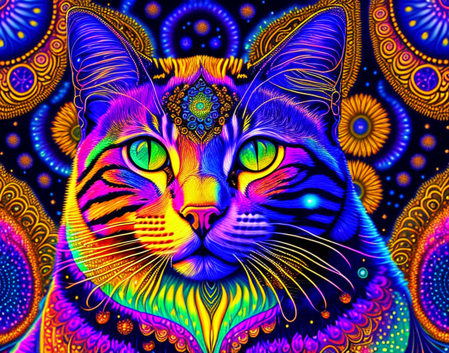 Colorful Digital Art: Psychedelic Neon Cat with Mandala Patterns