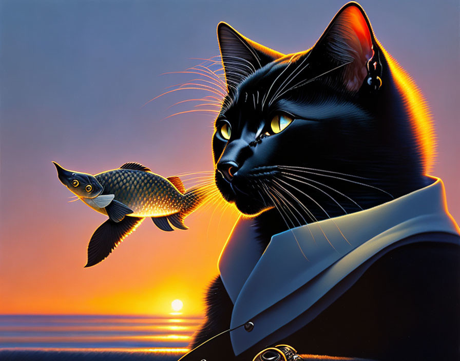 Black Cat in Tuxedo Watching Flying Fish at Sunset