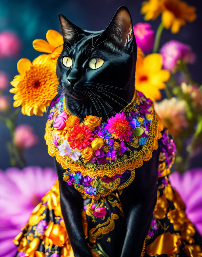 Black Cat with Colorful Floral Collar and Dress Among Orange and Pink Flowers