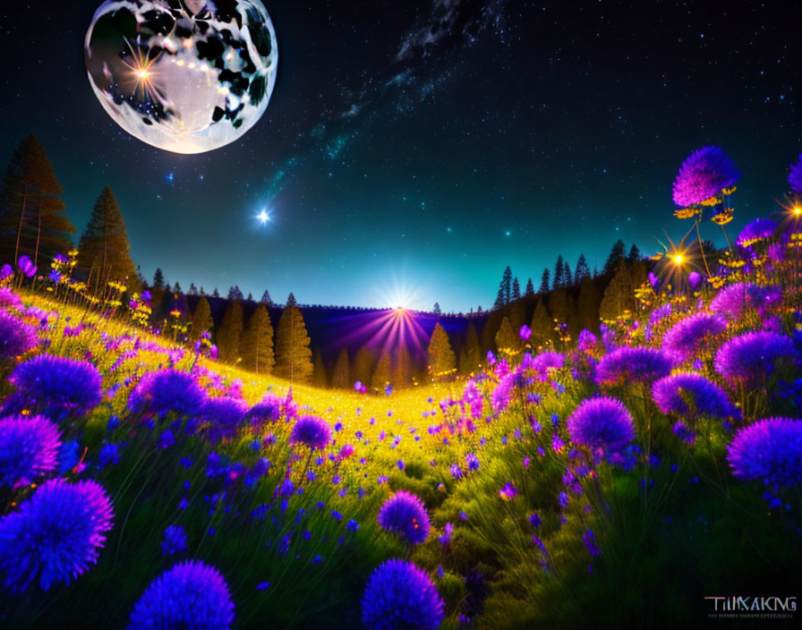 Vibrant night scene with starry sky, bright moon, glowing flowers & silhouetted