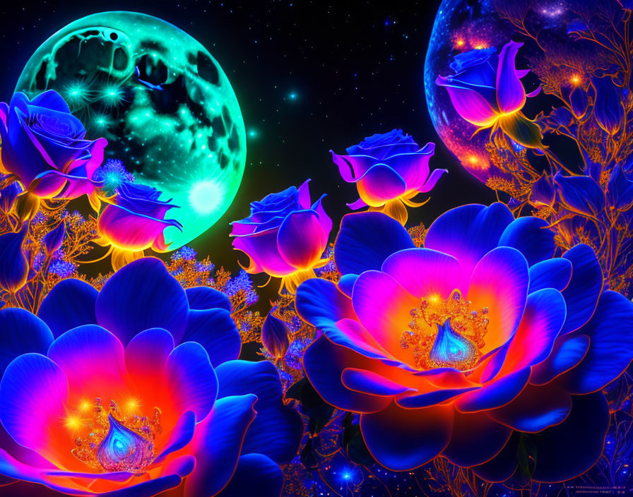 Neon-colored flowers on cosmic backdrop with green moon