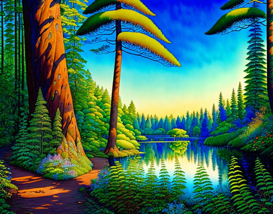 Colorful Illustration of Lush Forest with Lake and Bridge