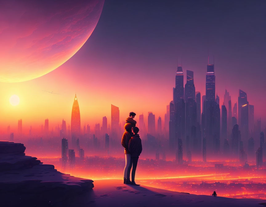 Silhouetted figures on cliff overlooking futuristic cityscape at sunset