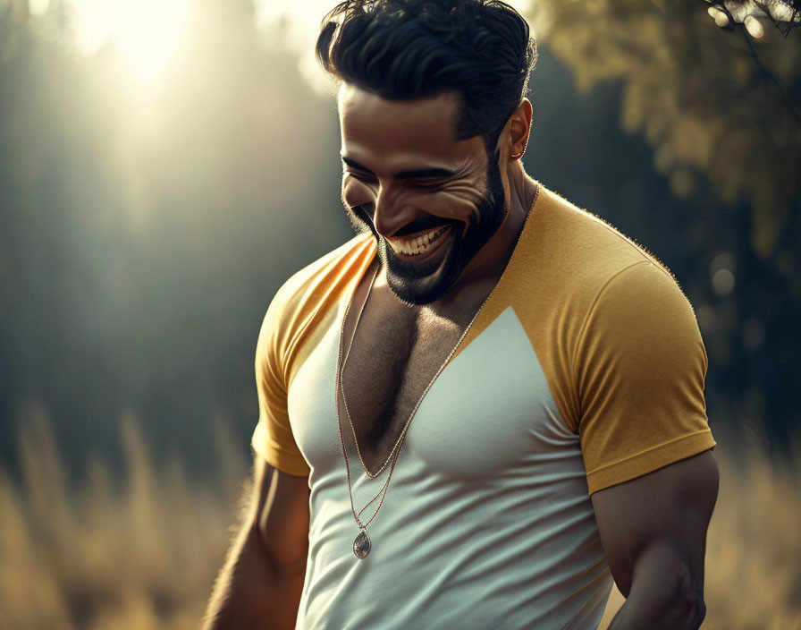 Smiling man with beard in yellow and white t-shirt in sunlit wooded area