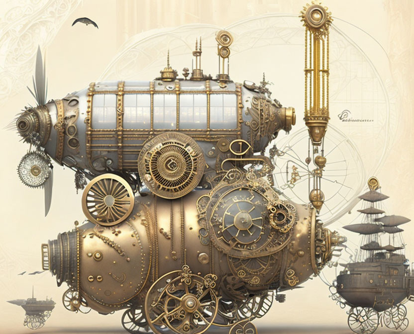 Steampunk submarine with cogs, gears, and brass details among mechanical fish and airships against