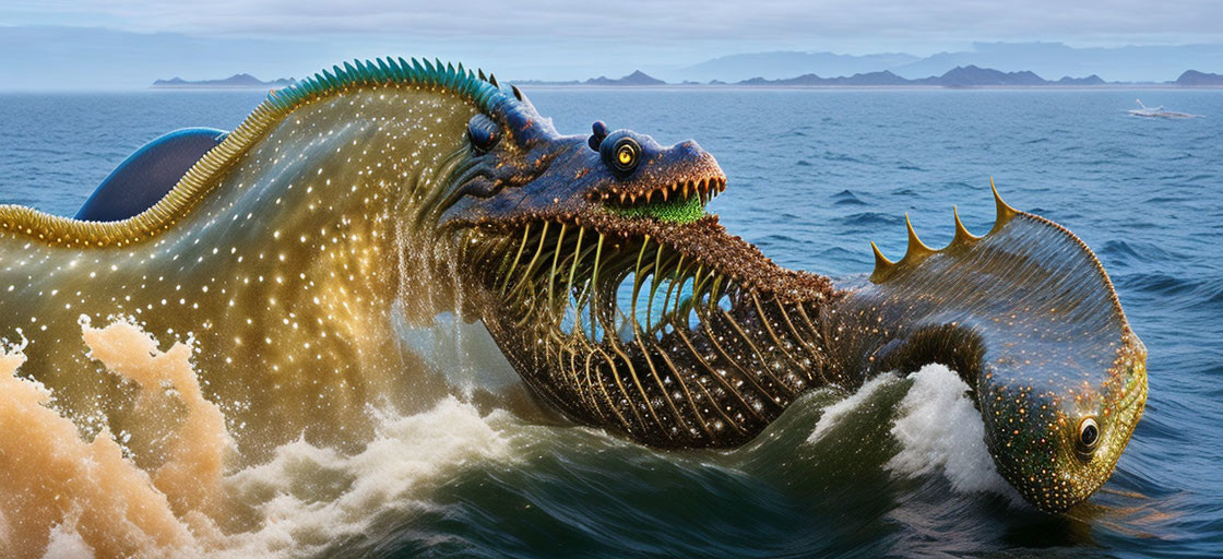 Sea serpent with green and golden spikes catches metallic fish in ocean breach