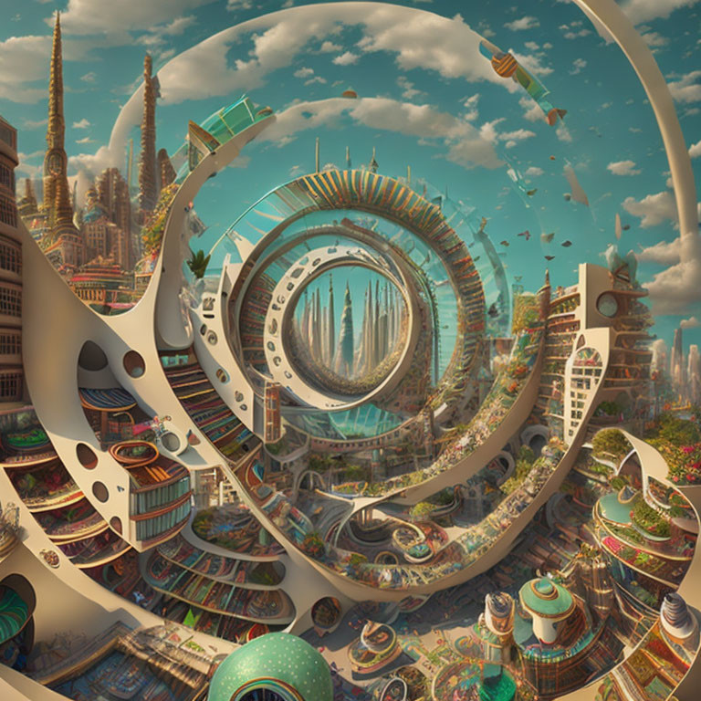 Futuristic cityscape with circular architecture and flying vehicles