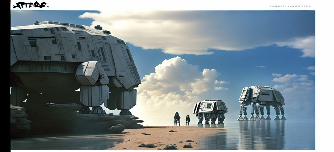 Beach scene with Star Wars AT-AT walkers and transport vehicle on shore