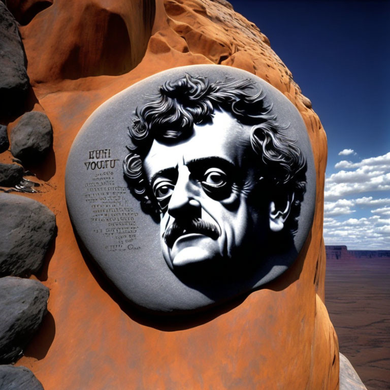 Bas-relief sculpture of Edgar Allan Poe in rock formation under blue sky