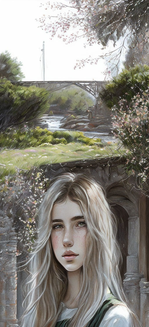 Blonde woman with green eyes by ancient stone archway