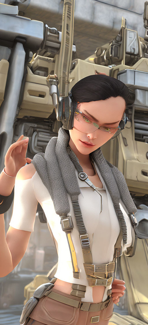 3D Rendered Female Character with Dark Hair, Glasses, and Giant Robot in Background