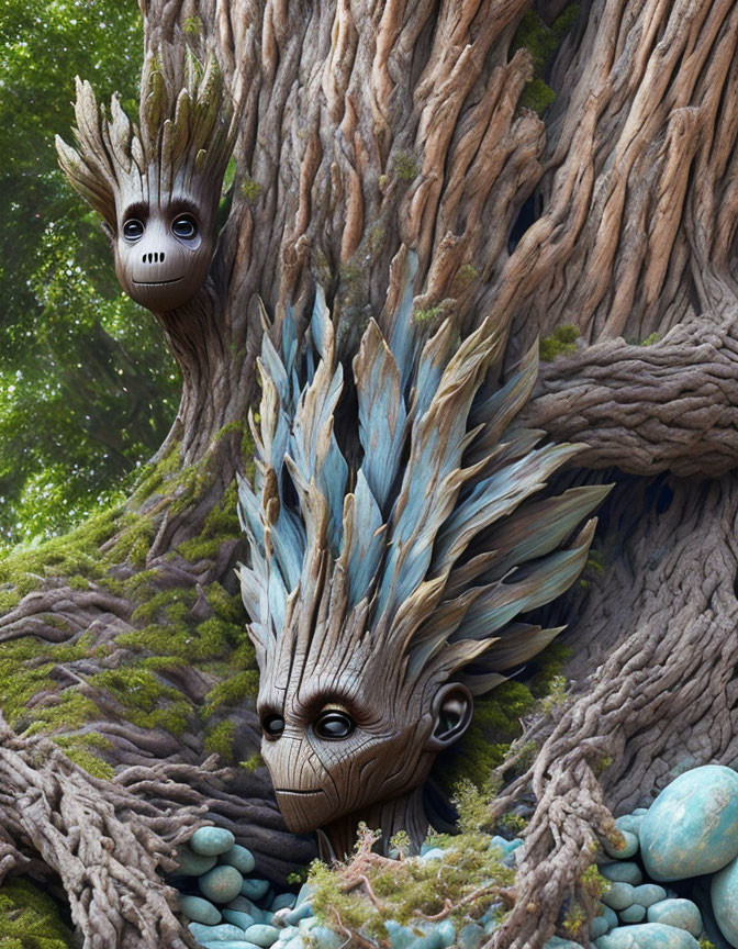 Baby Groot and Adult Groot lookalikes blend with lush greenery.